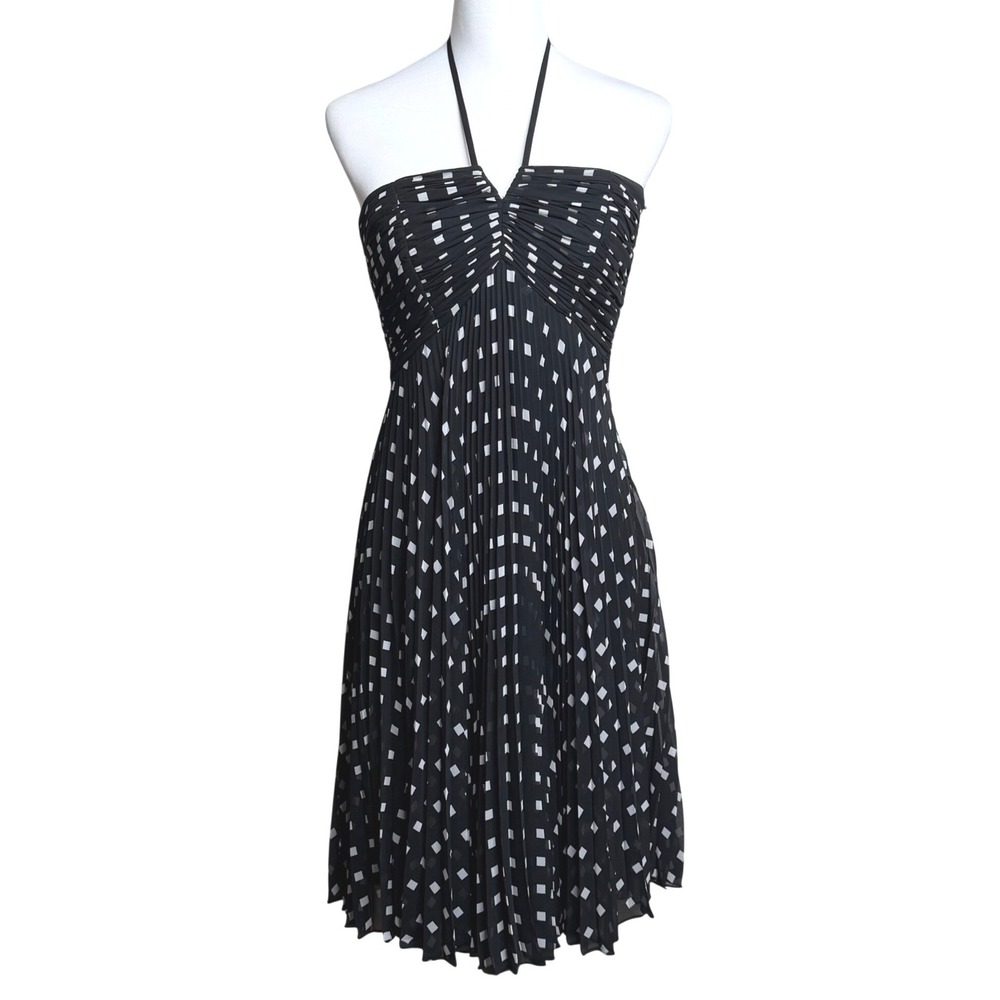 Ann Taylor Pleated Geometric Halter Midi Cocktail Dress Black‎ White Women 2